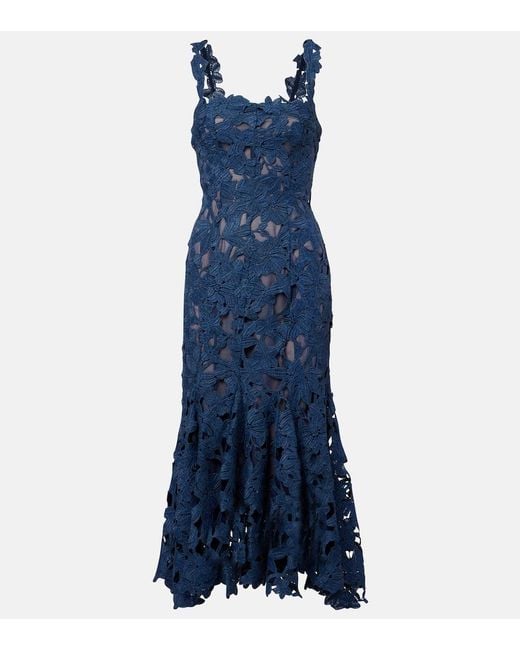 Oscar de la Renta Blue Midikleid Aus Guipure-Spitze