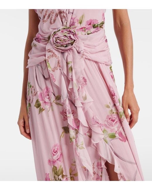 Blumarine Pink Floral Ruffled Georgette Maxi Dress
