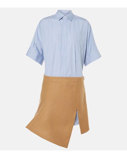 Sacai Blue Melton Cotton Poplin And Wool Minidress
