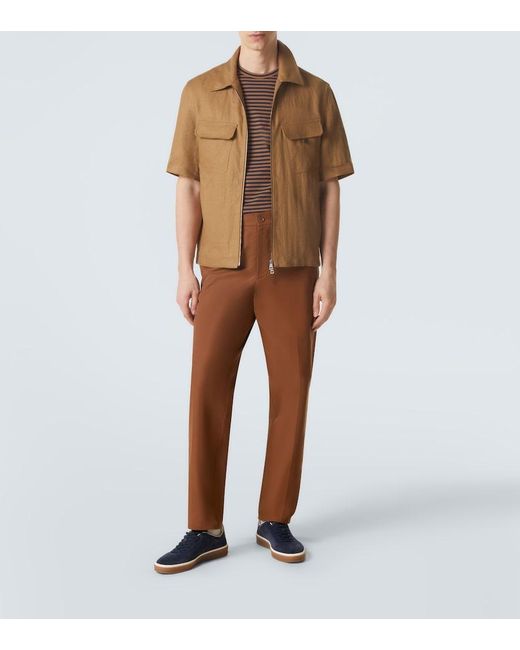 Moncler Brown Linen Twill Zip-Up Shirt for men
