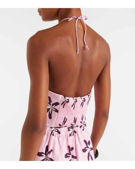 Cala De La Cruz Pink Lodi Floral Halterneck Linen Crop Top