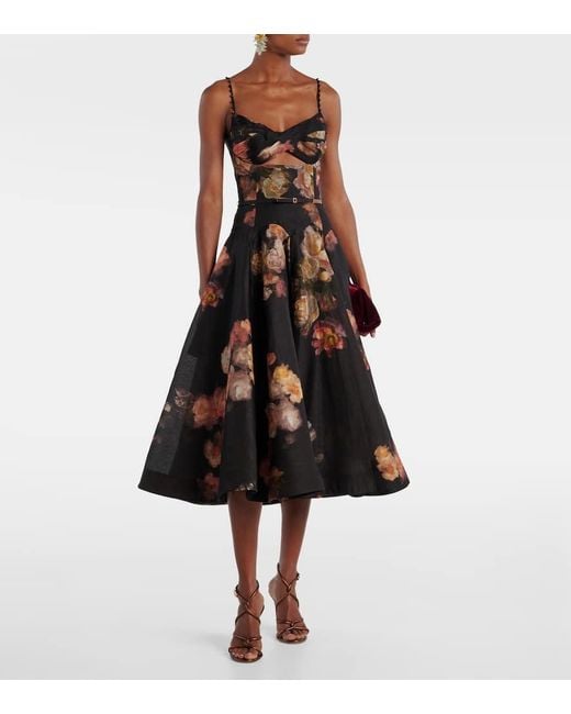 Zimmermann Black Hypnotic Linen And Silk Organza Midi Dress