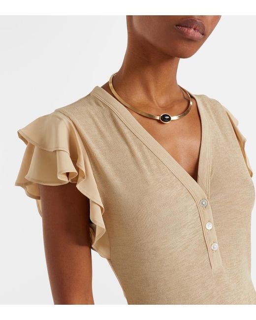 Veronica Beard Natural Aphrodite Ribbed-Knit Ruffled Top