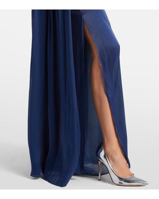 Costarellos Blue Draped Ruffled Gown