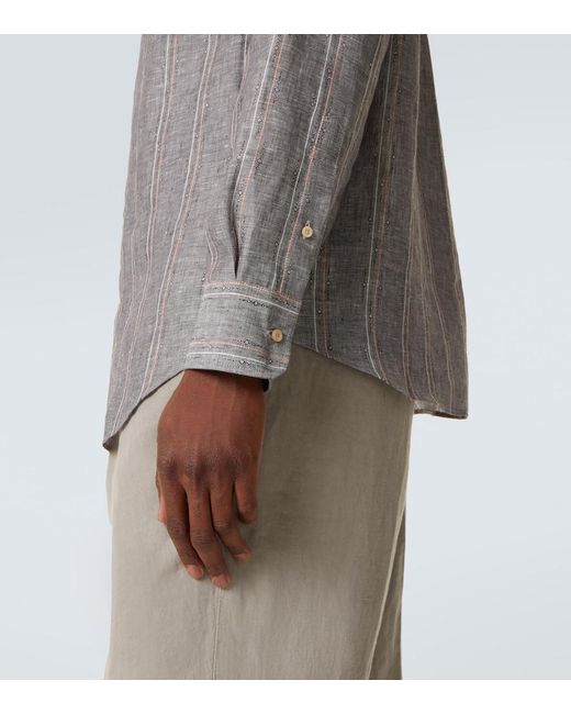 Brunello Cucinelli Gray Pinstripe Linen Shirt for men