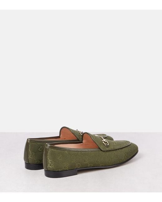 Gucci Green Jordaan Horsebit-Detailed Leather-Trimmed Canvas-Jacquard Loafers