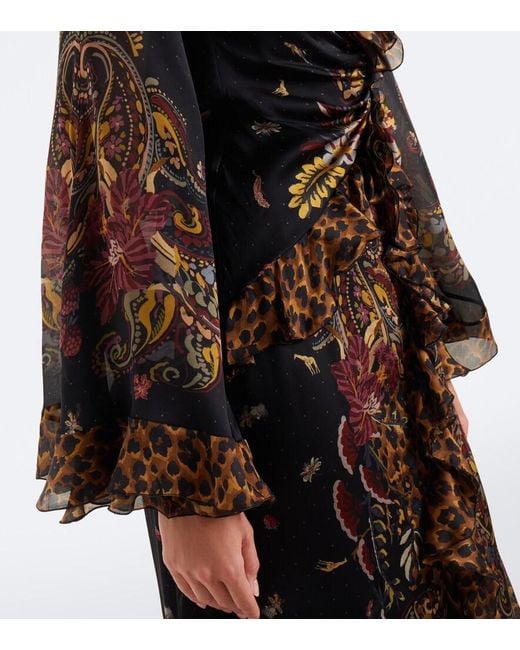Etro Black Printed Ruched Silk Maxi Dress