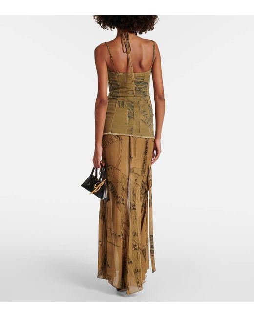 Blumarine Metallic Printed Denim-Trimmed Gown