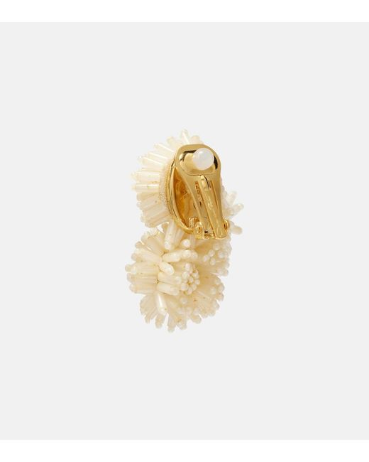 Oscar de la Renta White Pompom Beaded Clip-On Earrings