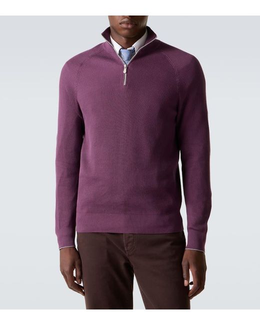Brunello Cucinelli Purple Ribbed-Knit Cotton Half-Zip Sweater for men