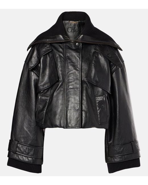Chloé Black Cropped Leather Bomber Jacket