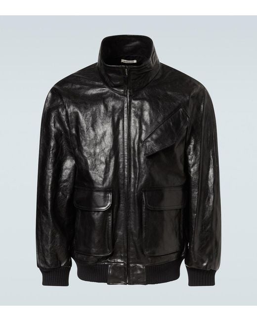 Auralee Black Leather Blouson Jacket for men