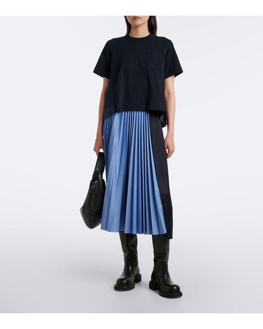 Sacai Black Cotton Jersey And Denim T-Shirt