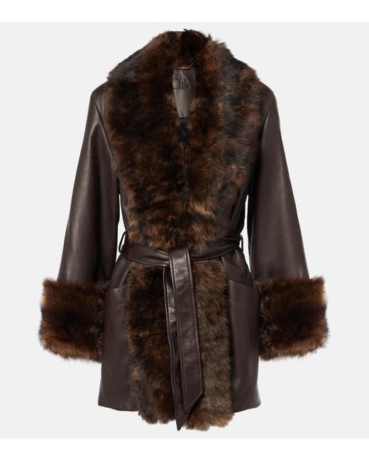 Chloé Brown Shearling-Trimmed Leather Wrap Jacket