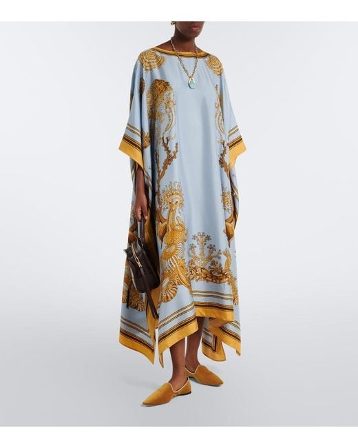LaDoubleJ Blue Square Printed Silk Twill Kaftan