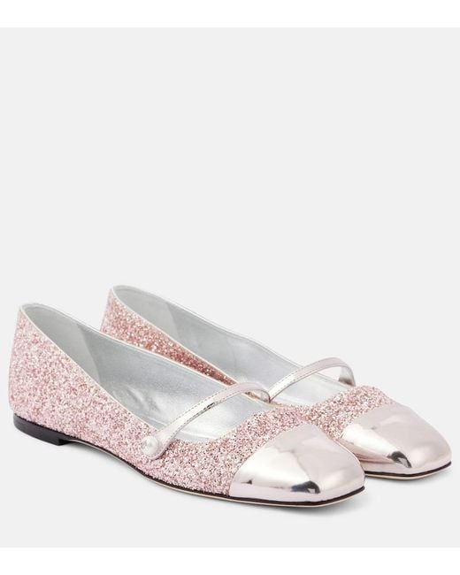 Jimmy Choo Pink Elisa Leather-Trimmed Glitter Ballet Flats