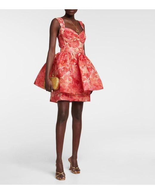 Zimmermann Red Floral-print Corseted Linen-silk Mini Dress