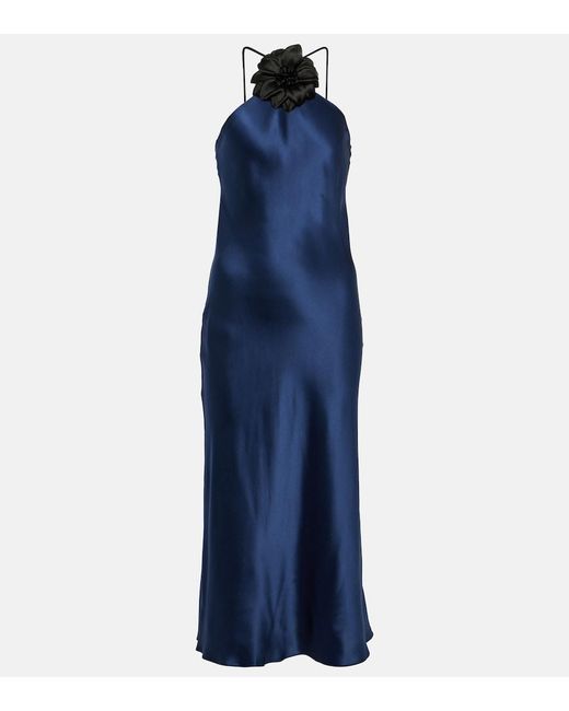 Rodarte Blue Floral-Applique Silk Midi Dress