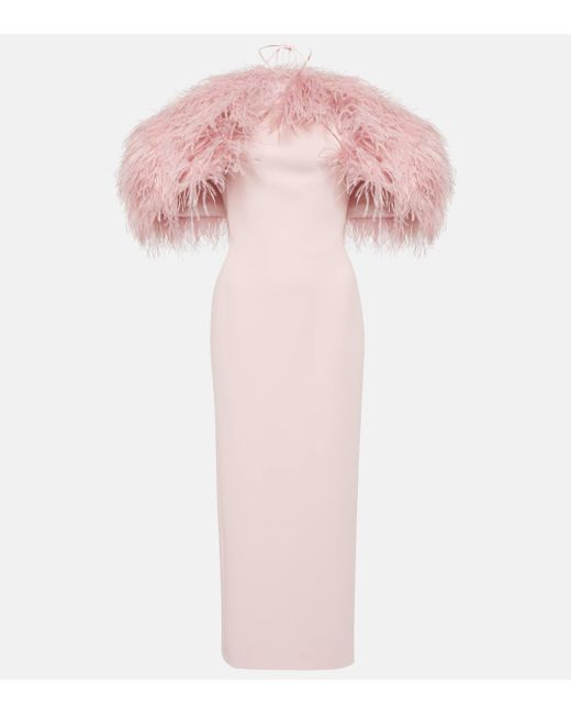 David Koma Pink Off-Shoulder Feather-Trimmed Midi Dress