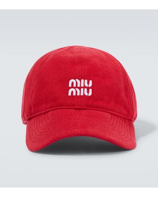 Miu Miu Red Logo Denim Baseball Cap for men