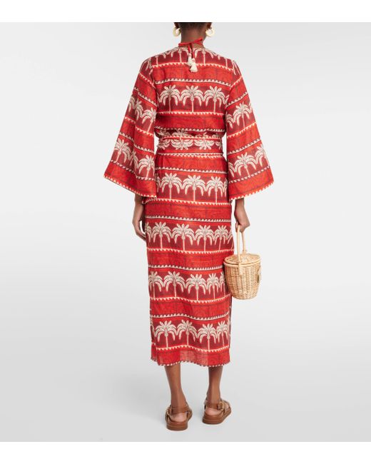 Johanna Ortiz Red Printed Linen Maxi Dress