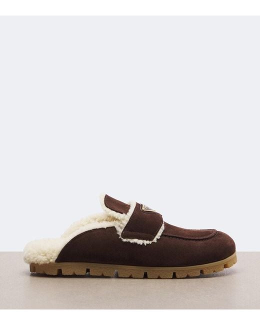 Prada Brown Shearling-Lined Suede Mules