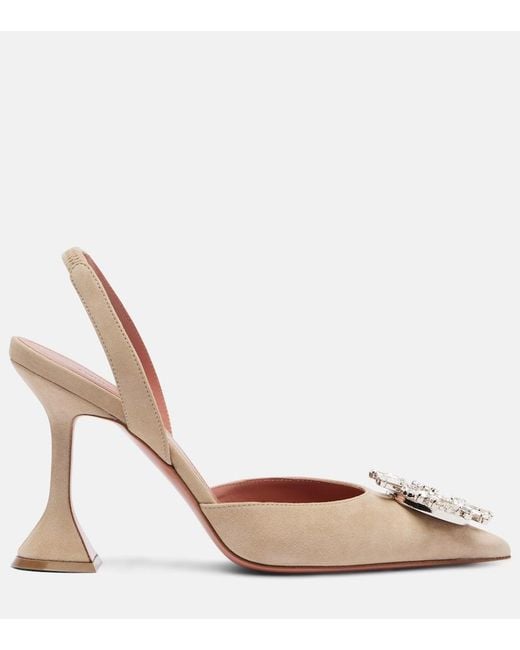 AMINA MUADDI Brown Begum Embellished Suede Slingback Pumps