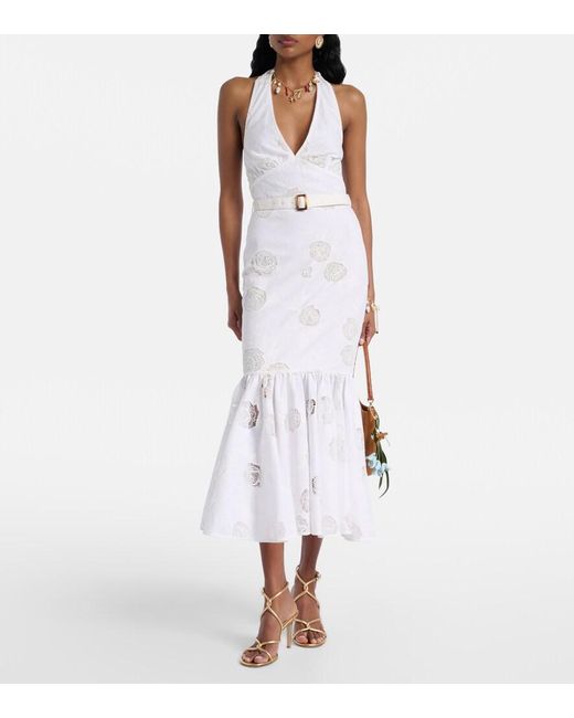 Self-Portrait White Halterneck Linen And Cotton Midi Dress