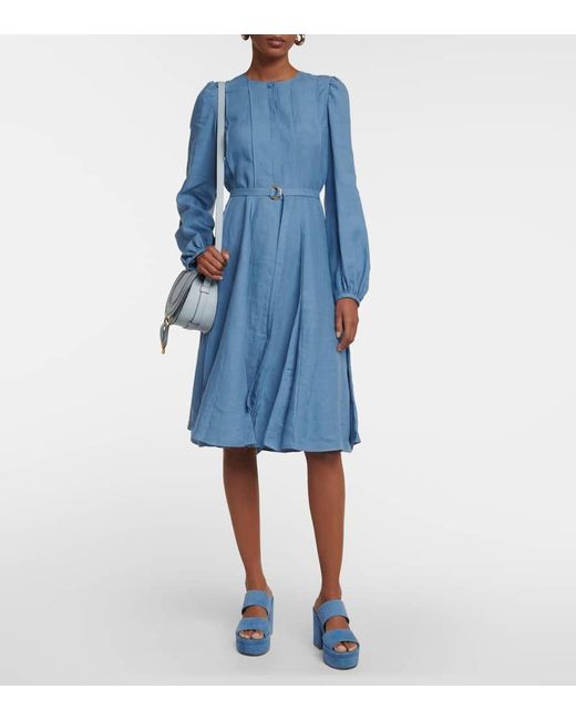 Chloé Blue Belted Linen Midi Dress