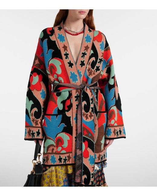 Etro Red Jacquard Wool-Blend Wrap Cardigan