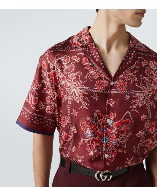 Gucci Red Printed Silk Twill Bowling Shirt for men