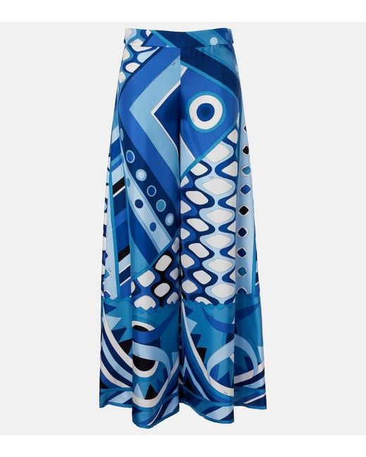 Emilio Pucci Blue Vivara High-Rise Silk Wide-Leg Pants