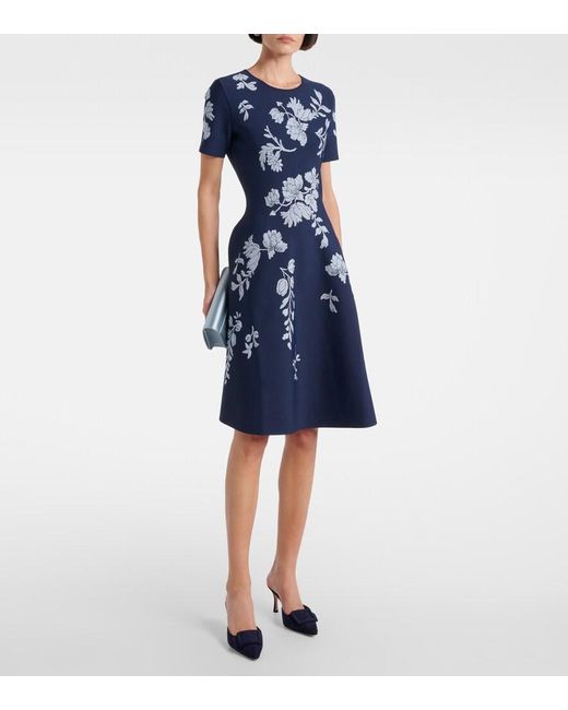 Carolina Herrera Blue Floral Jacquard Midi Dress