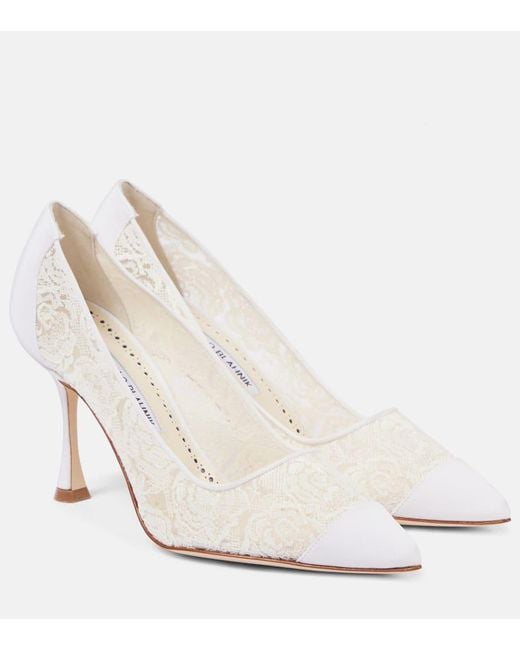 Manolo Blahnik White Sololaria 90 Lace And Suede Pumps