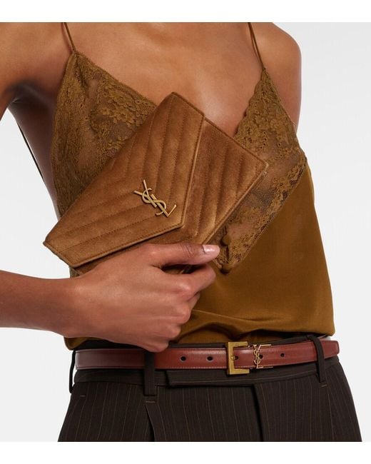 Saint Laurent Brown Cassandre Mini Suede Wallet On Chain