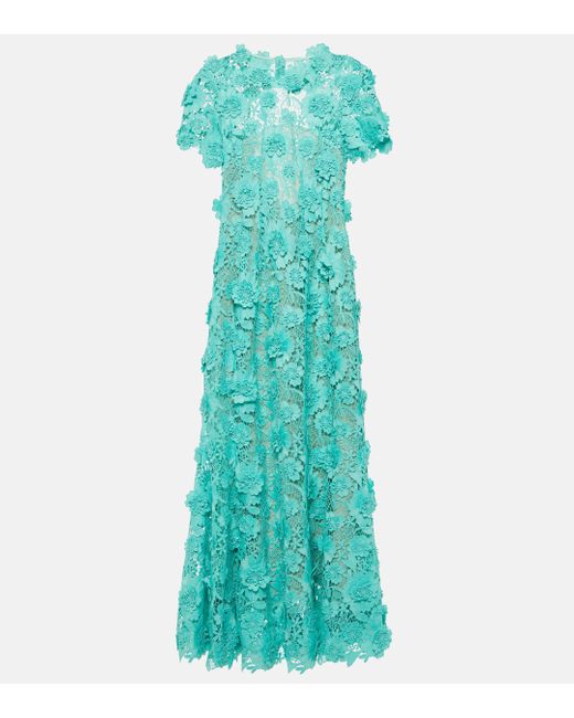Oscar de la Renta Green Floral Guipure Lace Midi Dress