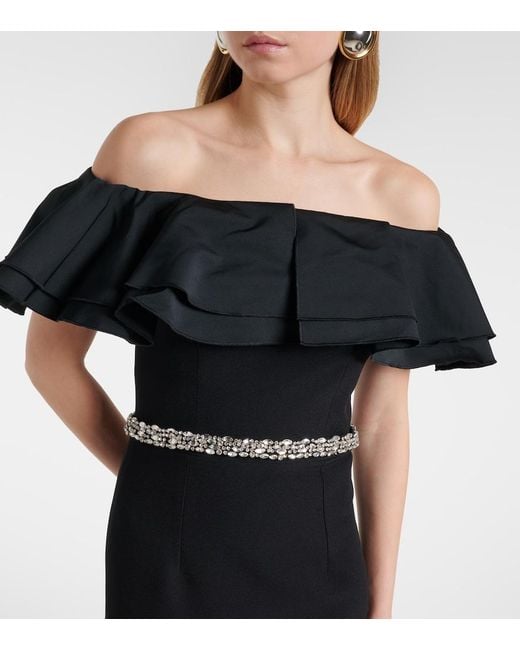 Safiyaa Black Ryan Crystal-Embellished Ruffled Crepe Gown