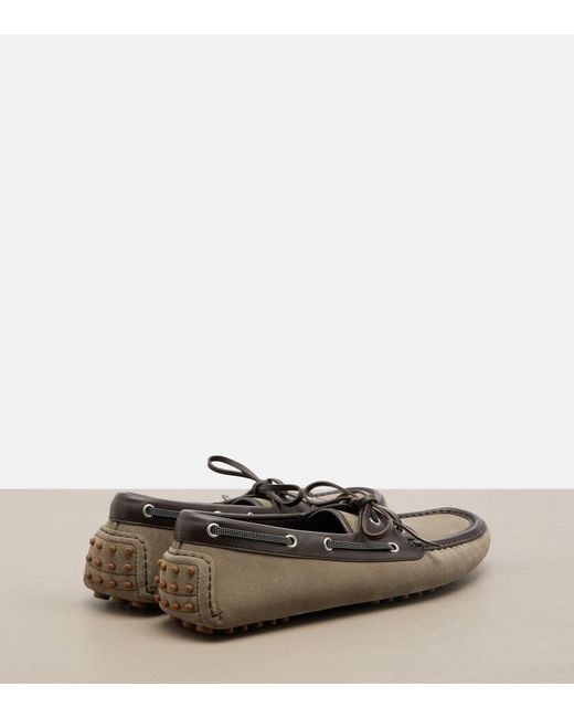 Brunello Cucinelli Brown Monili Leather-Trimmed Suede Boat Shoes