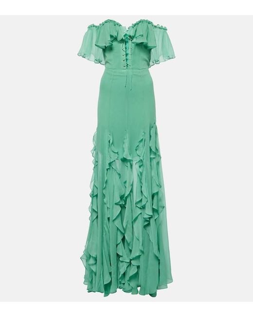 Costarellos Green Off-Shoulder Corset Silk Gown