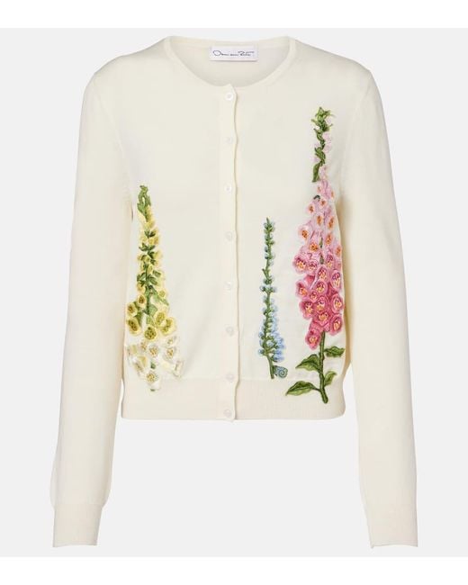 Oscar de la Renta Natural Foxgloves Embroidered Virgin Wool Cardigan