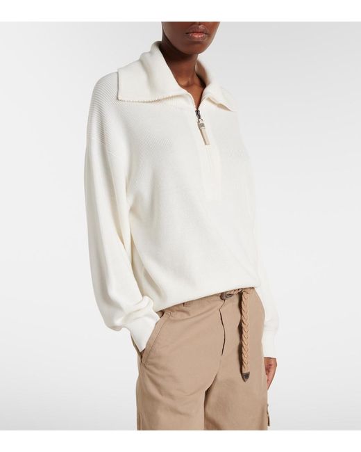 Brunello Cucinelli White Monili Oversized Cotton Half-Zip Sweater