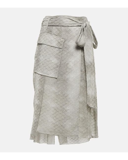 Victoria Beckham Gray Snake-Print Crepe De Chine Wrap Skirt