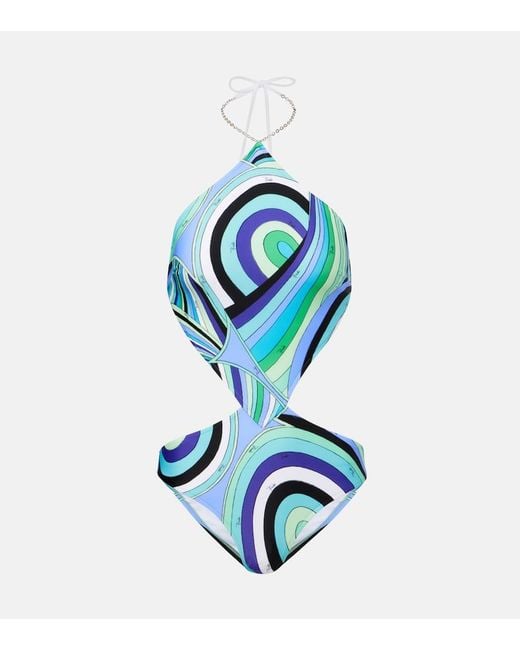 Emilio Pucci Blue Iride Printed Halterneck Swimsuit