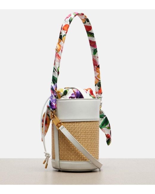 Dolce & Gabbana White Leather-Trimmed Raffia Bucket Bag