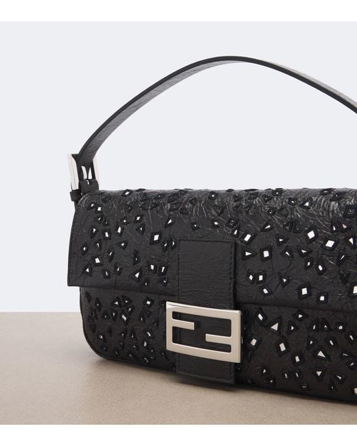 Fendi Black Baguette 26424 Small Embellished Leather Shoulder Bag