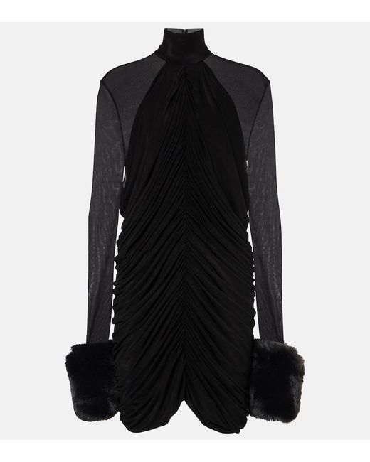 Magda Butrym Black Mesh Faux Fur-Trimmed Mini Dress