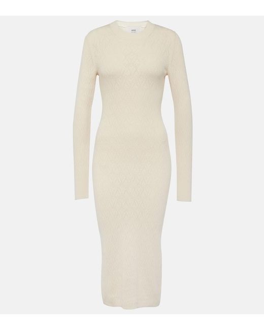 AMI Natural Knitted Cotton And Wool Midi Dress