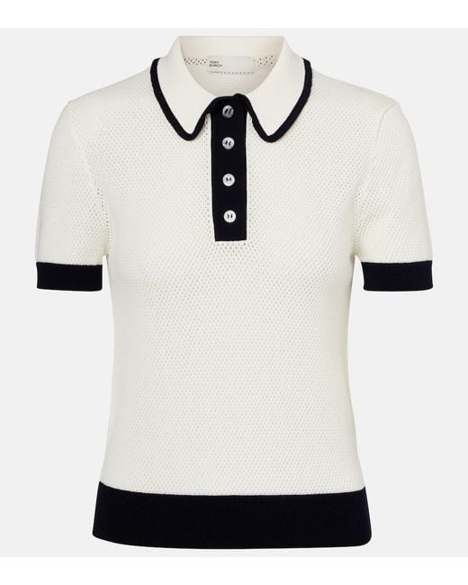 Tory Burch White Open-Knit Polo Shirt