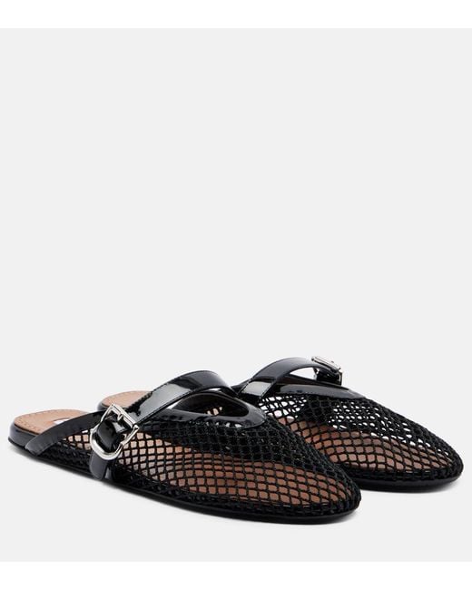Alaïa Black Fishnet Leather-Trimmed Mules