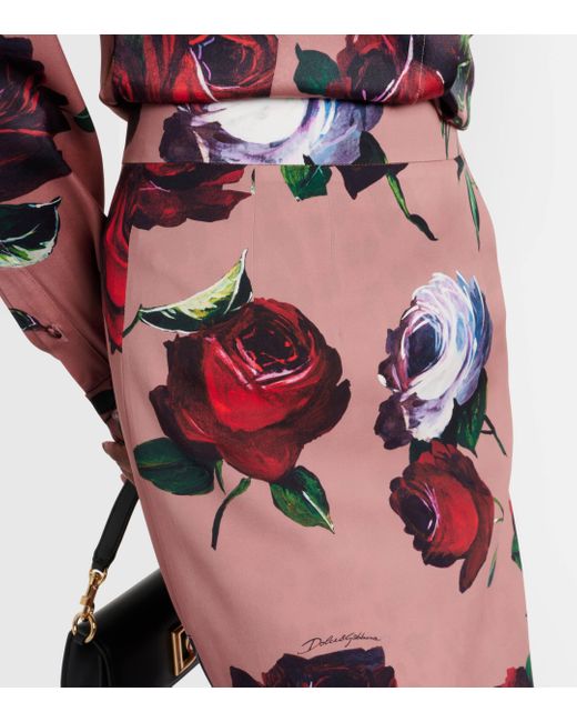 Dolce & Gabbana Red Floral Silk-blend Charmeuse Midi Skirt